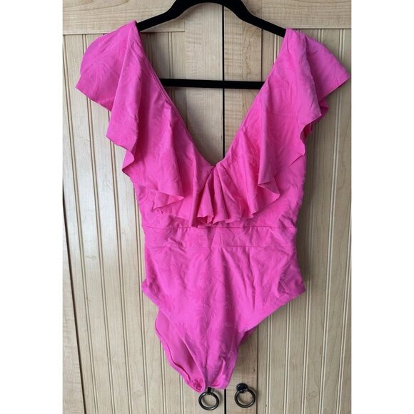 TRINA TURK JOPLIN JACQUARD PLUNGE ONE PIECE SWIMSUIT, HOT PINK,NWT $162 SIZE 8 - Picture 4 of 4